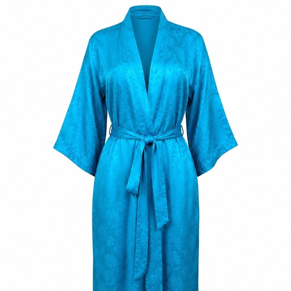 Vintage Dynasty Hong Kong Silk Jacquard Turquoise Kimono‎ Robe Belted Medium